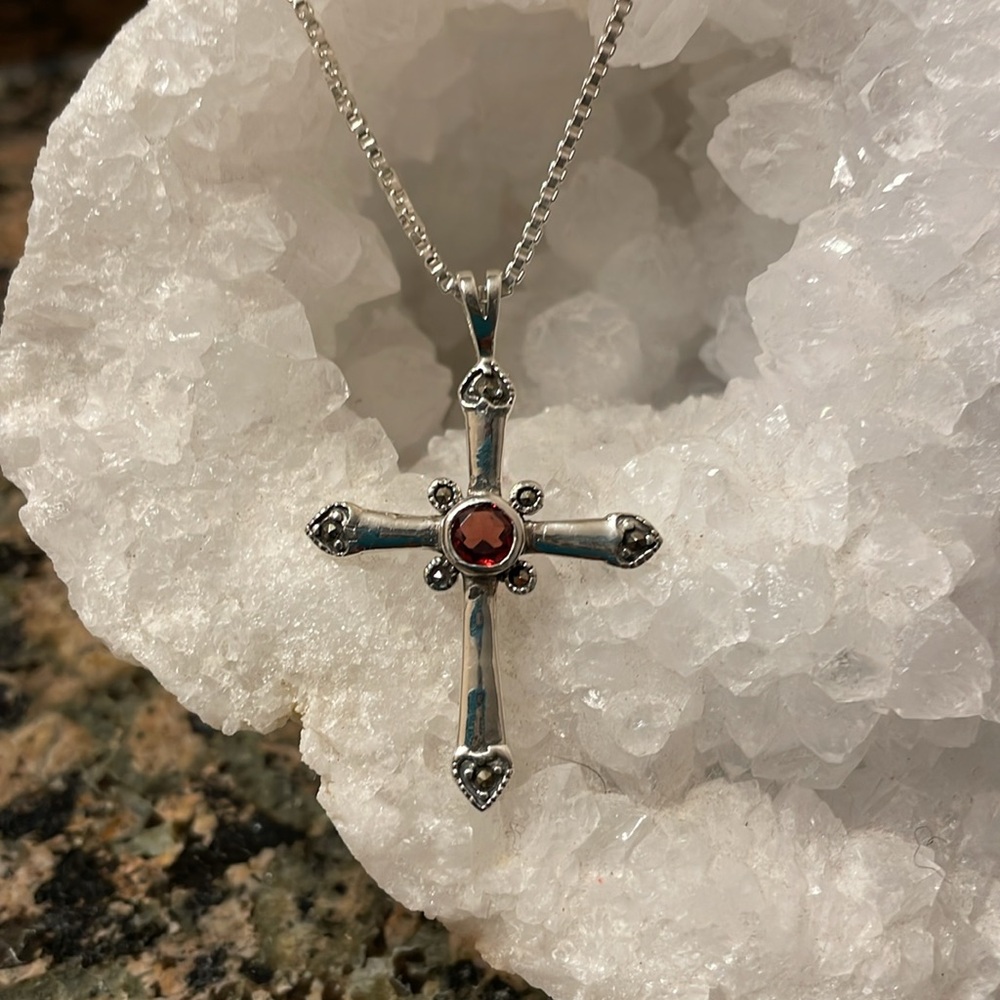 Sterling Silver Genuine Garnet and Marcasite Cross Pendant. Retail 228.00 NWT